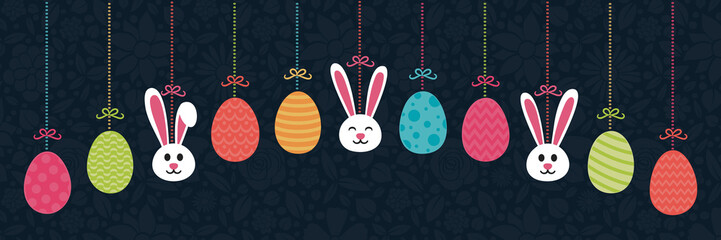 Hanging Easter decoration with bunnies and eggs. Vector.