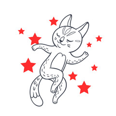 Vector hand drawn illustration of funny dancing cat on disco party. Cute animal character with neon lights on background. Contour sketch.