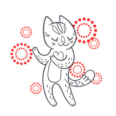 Obraz premium Vector hand drawn illustration of funny dancing cat on disco party. Cute animal character with neon lights on background. Contour sketch.