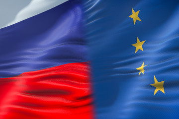 half flags of Russia and half European Union flag, crisis between russia and europe international meeting or negotiations concept