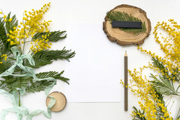 Fototapeta na wymiar sheet of paper for notes with flowers of mimosa on white background, mockup