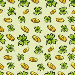 pattern of four leaf trees and coins. vector illustration