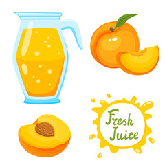 Vector set of fresh peach juice in jar and peaches