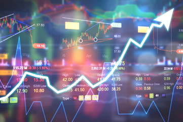 Stock market digital graph chart on LED display concept. A large display of daily stock market price and quotation. Indicator financial forex trade education background.