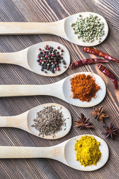 Assortment of spices on the wooden spoons