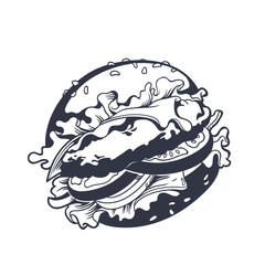 Vector graphic illustration of delicious burger with vegetables. Black and white sign. Fast food symbol.