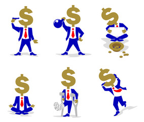 Dollar sign, money symbol such as passion Businessman or president. Dollar Coin-Man in different situation.