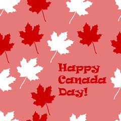 Vector drawn Canada day seamless pattern with white and red maple leaf on pink background.