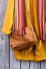 Overhead view of essential winter cloth. Top view brown handbag and scarf.