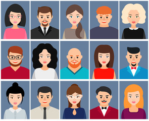 Men and women avatars, icon set. Vector flat illustration.