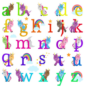 Vector Collection of Cute Unicorn Themed Alphabet Letters