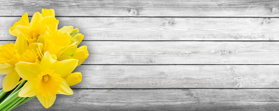 Fototapeta Springtime flowers and wooden background