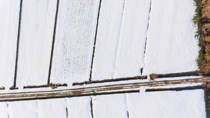 Drop down view of snow covered fields.