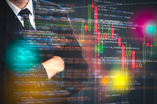 Software development. Programming code abstract technology background and Stock market digital graph chart on LED display concept. Indicator financial forex education development coding code program.