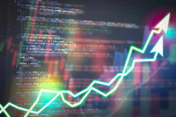 Software development. Programming code abstract technology background and Stock market digital graph chart on LED display concept. Indicator financial forex education development coding code program.