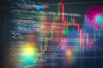 Software development. Programming code abstract technology background and Stock market digital graph chart on LED display concept. Indicator financial forex education development coding code program.