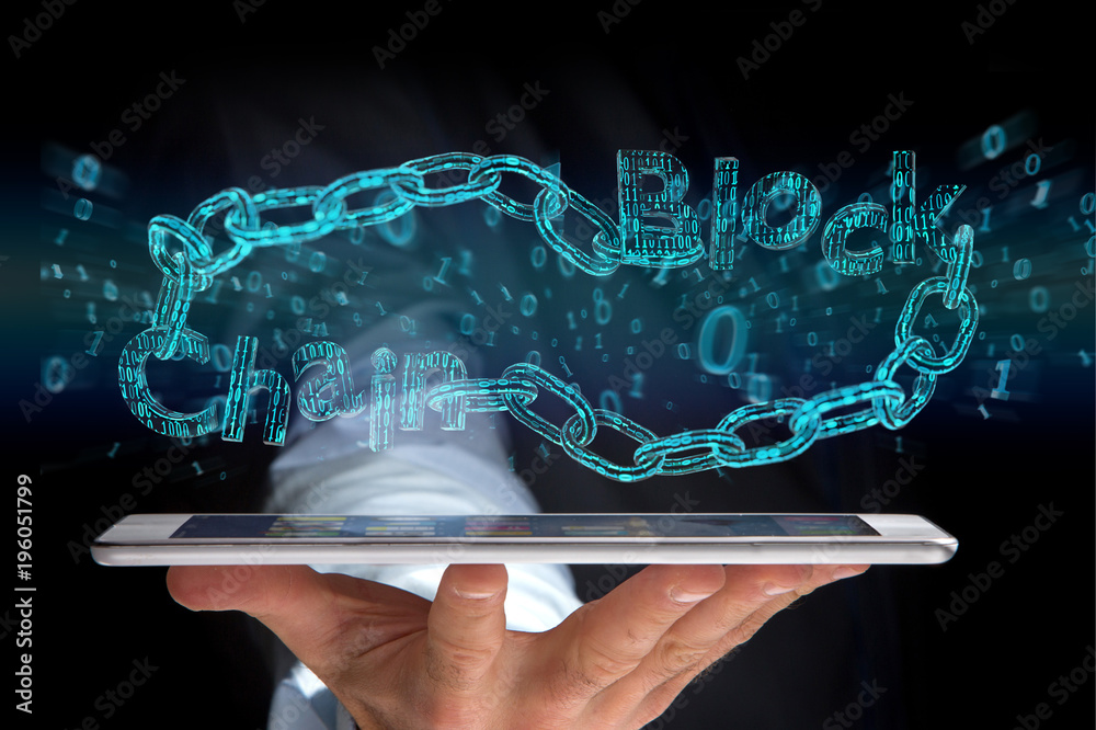 Poster blockchain title with a cahin made of data number - 3d render
