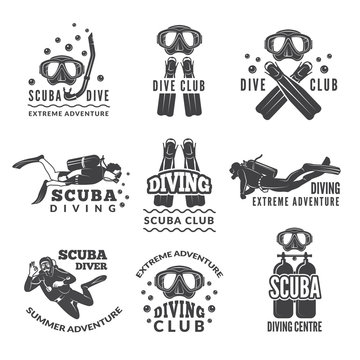 Labels or logos for diving club. Vector pictures set of divers and different specific equipment