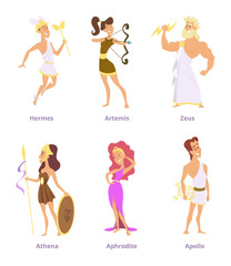 Fototapeta premium Greek ancient gods. Set of cartoon characters male and female