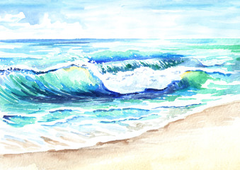 Seascape. Ocean wave. Hand drawn watercolor illustration
