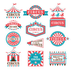 Old badges and labels for carnival and circus show invitation. Monochrome vector logos © ONYXprj