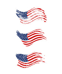 Vintage waving USA flag set. Vector waving American flags on grunge texture.
