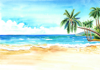 Fototapeta na wymiar Seascape. Summer tropical beach with golden sand and palmes. Hand drawn horizontal watercolor illustration