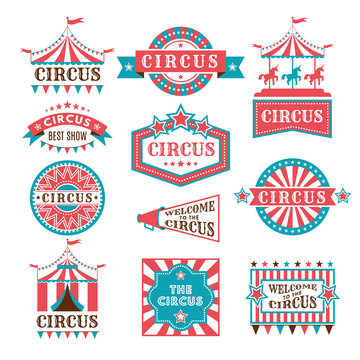 Old badges and labels for carnival and circus show invitation. Monochrome vector logos