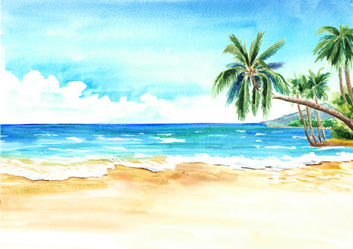 Seascape. Summer tropical beach with golden sand and palmes. Hand drawn horizontal watercolor illustration © dariaustiugova