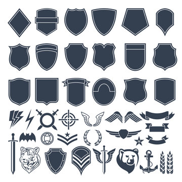 Set of empty shapes for military badges. Army monochrome symbols