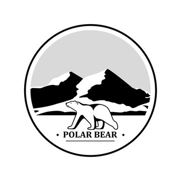Polar bear symbol on a background of mountains.Vector icon.