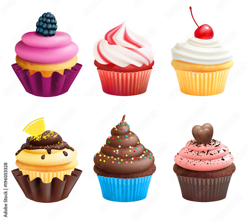 Poster Realistic vector illustrations of cupcakes. Sweets for birthday party