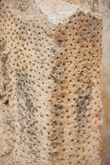 Mnajdra Temple within Hagar Qim megalithic complex. Close up view of ancient wall with hollowed-out...