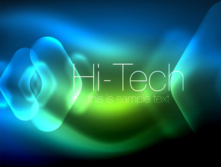 Blurred arrows in dark space. Neon pointers, glass glossy design, abstract shiny techno background, web banner