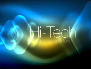 Blurred arrows in dark space. Neon pointers, glass glossy design, abstract shiny techno background, web banner