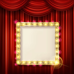 Suspended gold frame on the red curtain