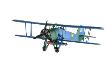 Blue plastic biplane isolated on the white background