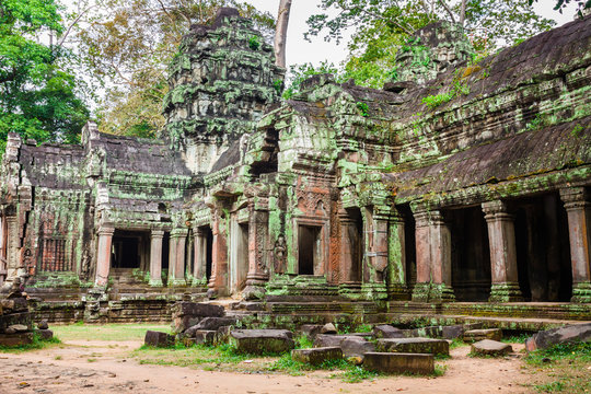 Ancient ruins in Ta Prohm or Rajavihara Temple at Angkor, Siem Reap, Cambodia.