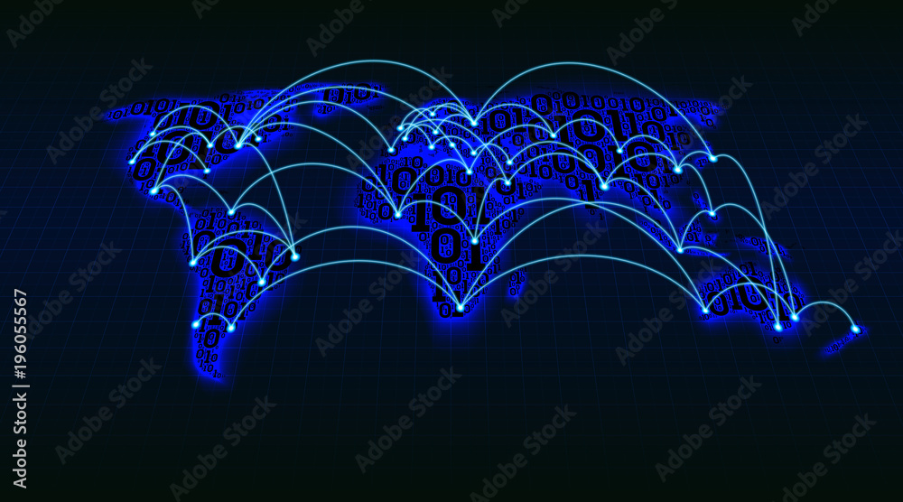 Poster Abstract world map from digital binary code on a grid background, global Internet transactions between cities and countries, well-organized layers