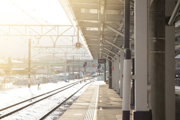 Empty track at train station waiting for next train.