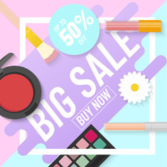 Big sale poster with Makeup products cosmetic, Flat Style Vector iIllustration