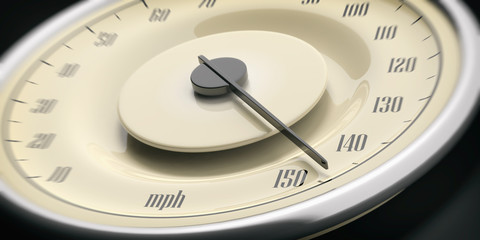 Vintage car gauge speedometer closeup detail, black background. 3d illustration