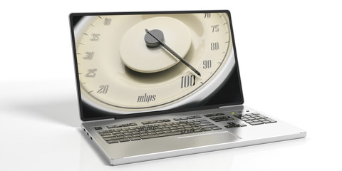 High internet speed. Vintage car gauge on a laptop screen isolated on white background. 3d illustration
