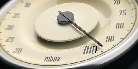 High internet speed. Vintage car gauge speedometer closeup detail, black background. 3d illustration