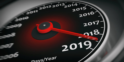 2019 new year. Car speedometer gauge closeup detail. 3d illustration