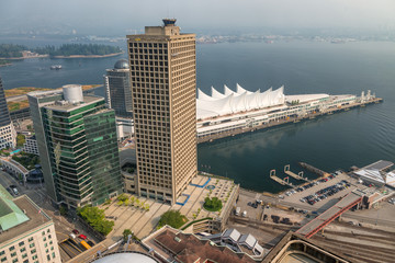 Aerial view of Canada Place in Vancouver on a sunny day