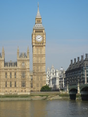 Big Ben, Palace of Westminster (UK Parliament), and Westminster Bridge across the River Thames