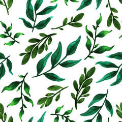 Watercolor green leaves. Seamless pattern background