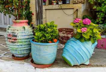 Fototapeta na wymiar Greek flower vases, Samos island, Greece