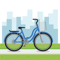 bicycle vehicle with cityscape background vector illustration design